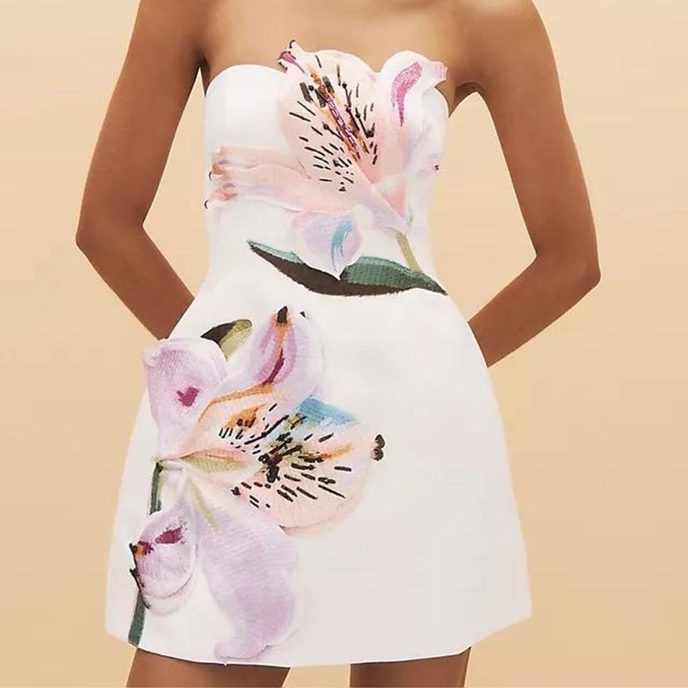 Leo Lin Rosario Appliqué Floral Bustier Mini Dress - Lily Print in Snow